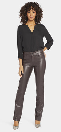 Marilyn Straight Brown Faux Leather | Cordovan Coated | Pants | NYDJ