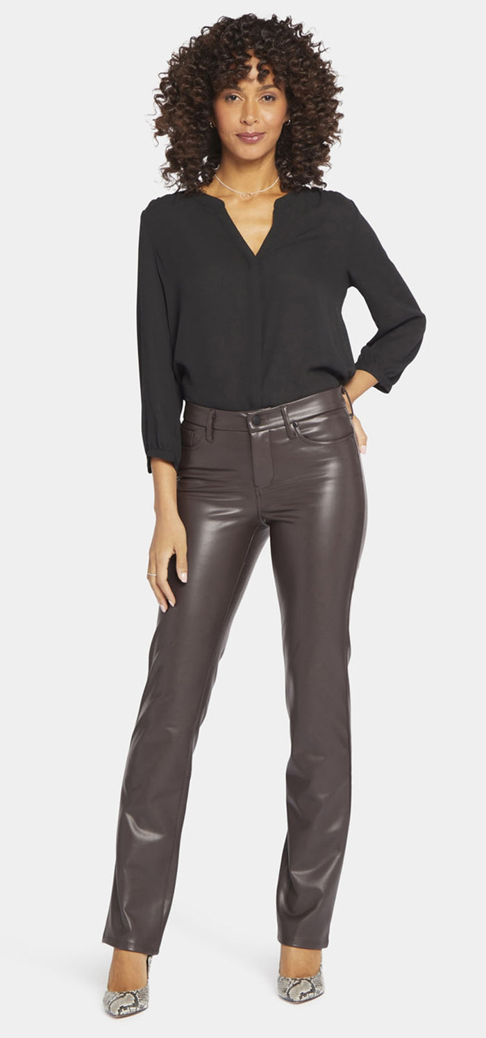 Marilyn Straight Brown Faux Leather | Cordovan Coated | Pants | NYDJ
