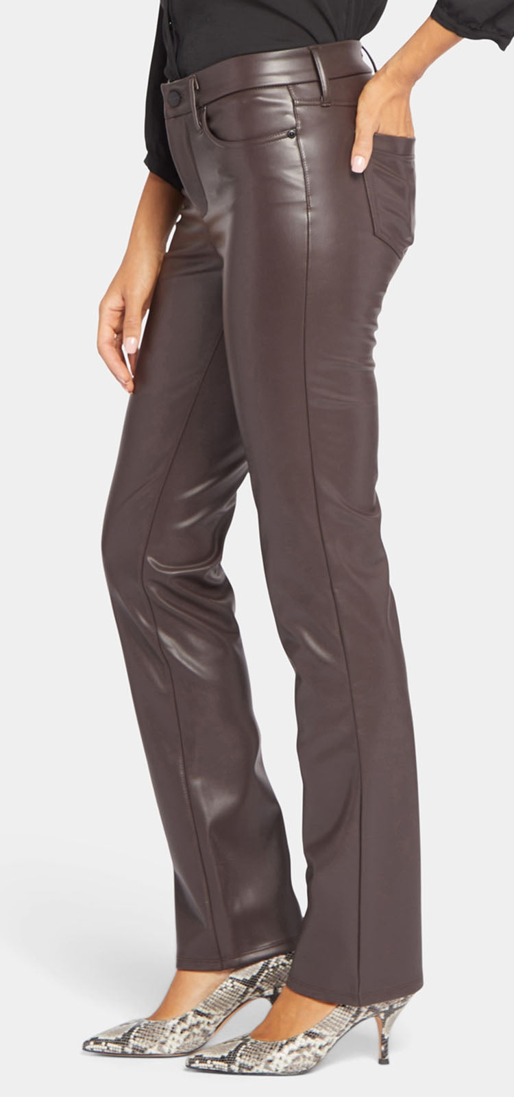 Marilyn Straight Brown Faux Leather | Cordovan Coated | Pants | NYDJ