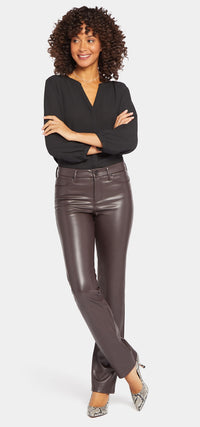 Marilyn Straight Brown Faux Leather | Cordovan Coated | Pants | NYDJ