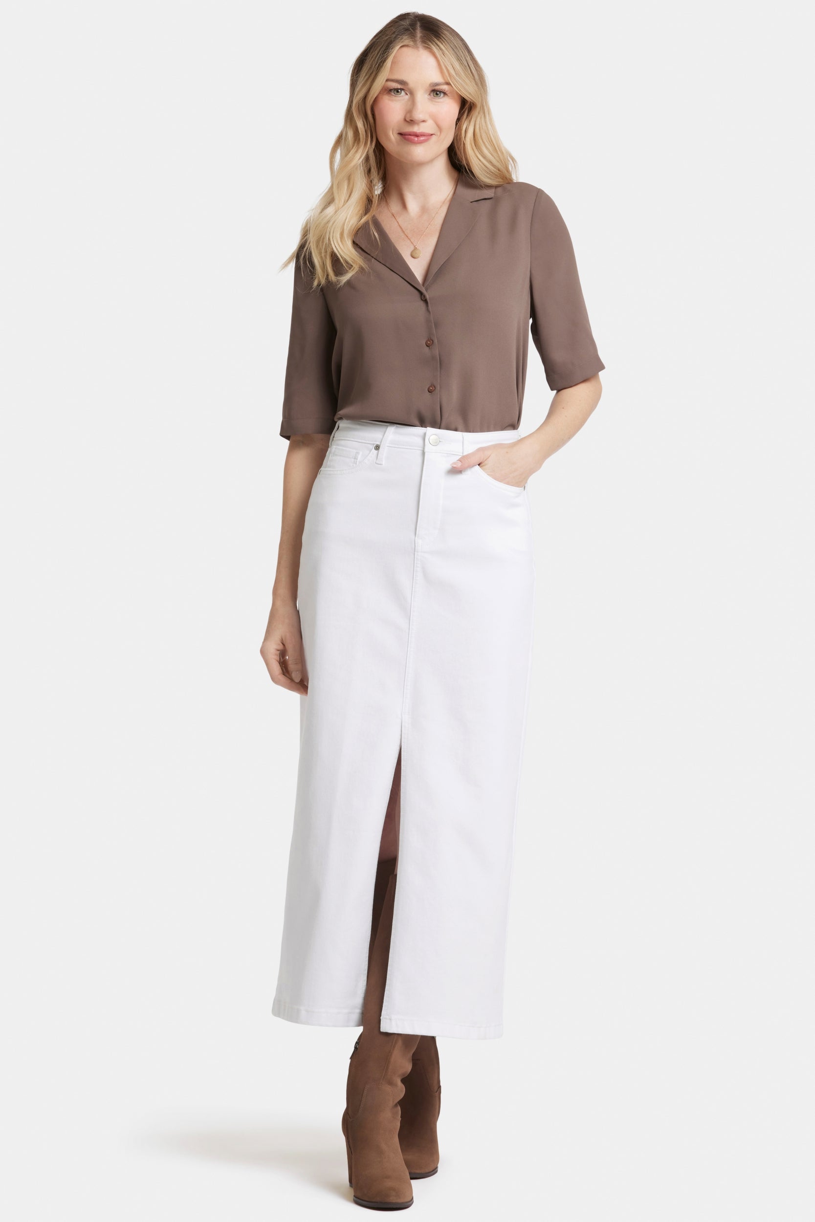 High Rise Long Skirt With Center Front Slit | Optic White